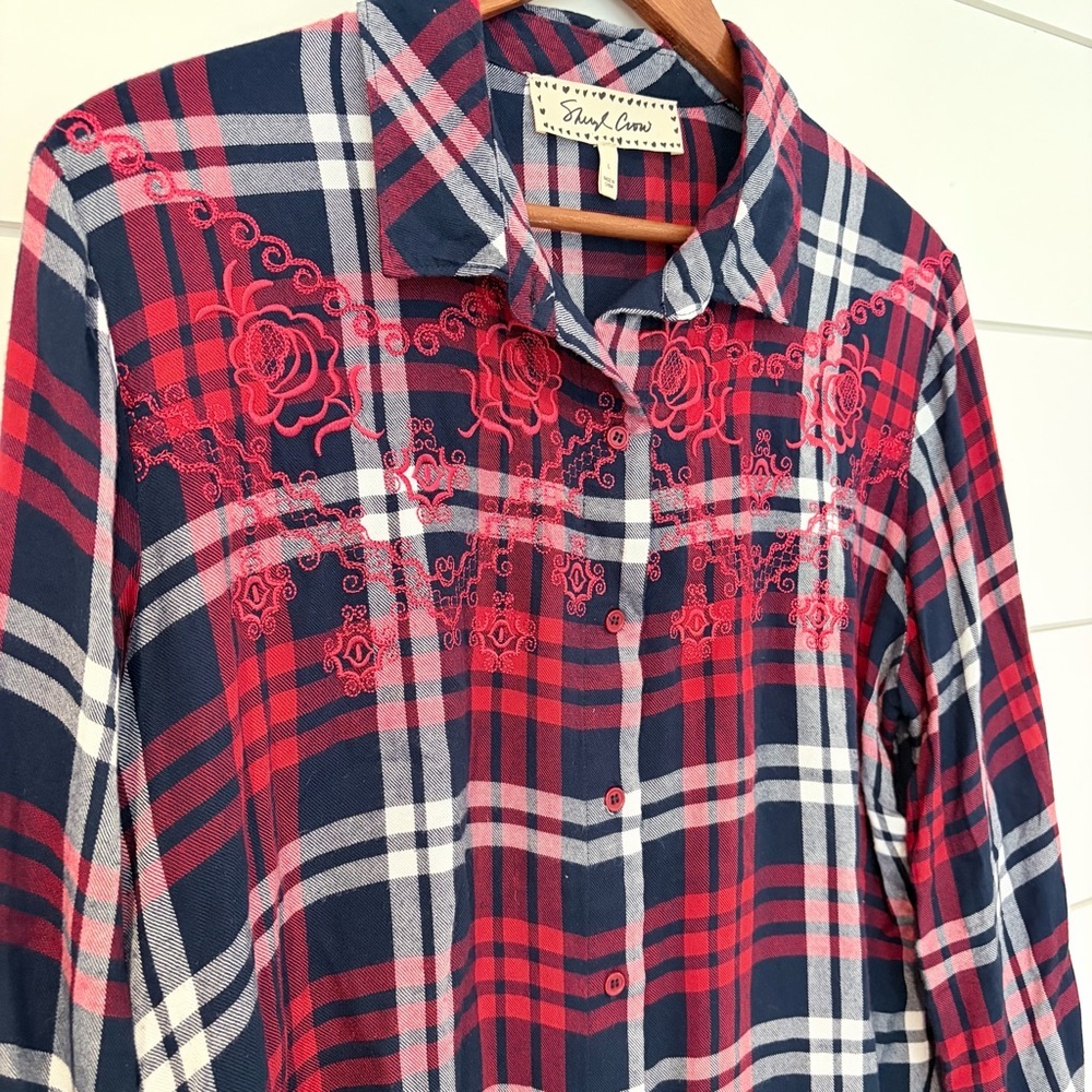 Sheryl Crow Plaid Shirt L Western Core Fringe Hem Embroidered Boho Festival - Picture 4 of 9